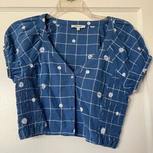Madewell Cropped Blue Grid Plaid Embroidered Daisies Button Up Shirt Size 6